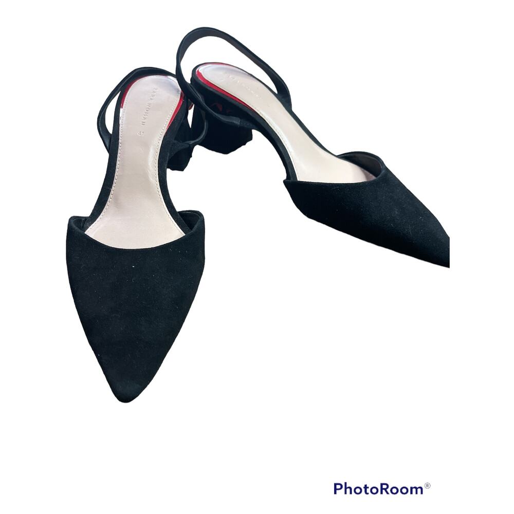 Zara D'orsay Black Red Ruffle Suede Pointed Toe Block Slingback Heel Size 41